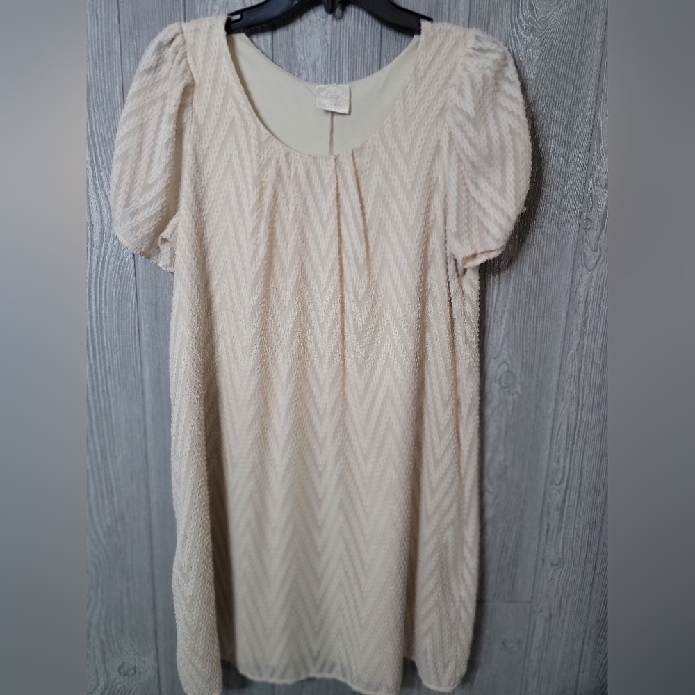 Lila Rose Cream Chevron Textured Puff Sleeve Shift Dress Mini Scoop Neck L